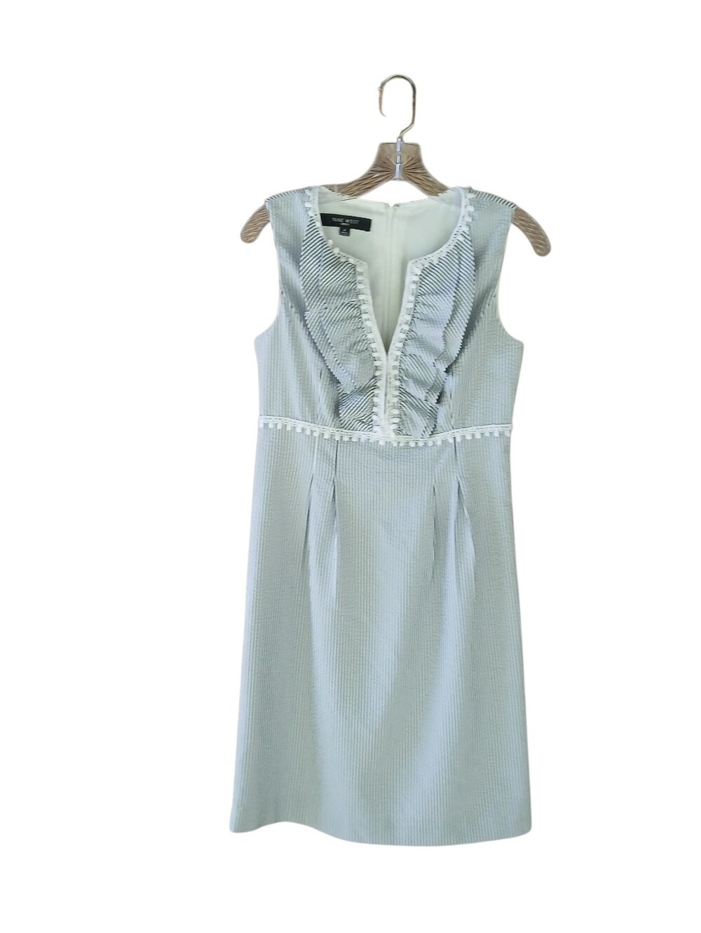 Nine West Blue & White Seersucker Split Neck Cotton Blend Midi Dress Size 4